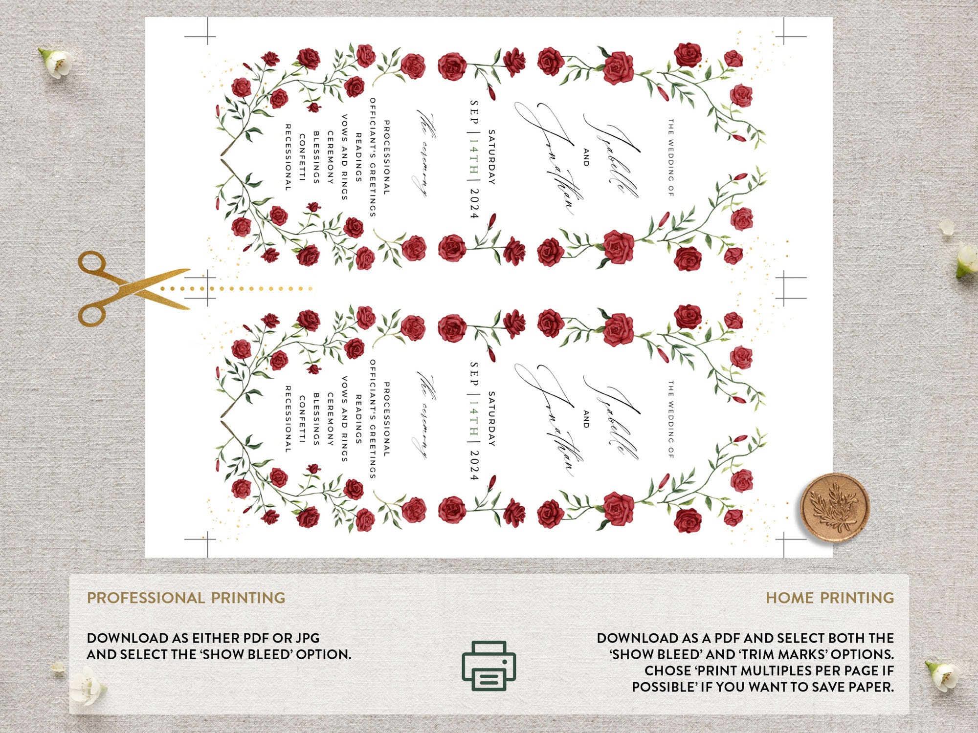 Red Rose Wedding Program Template, Romantic Ceremony Program, Printable ...