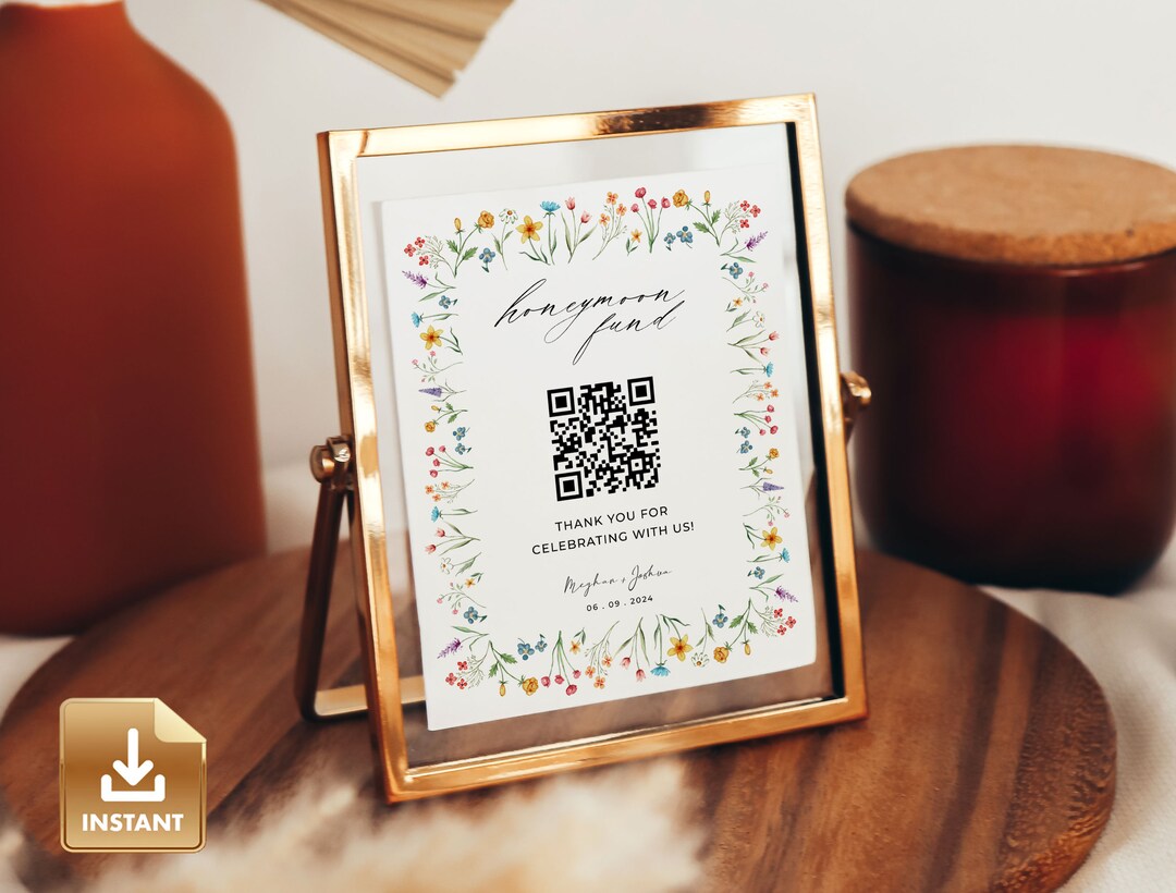 Honeymoon Fund Sign, Watercolor Flowers, Venmo Honeymoon Wish, Wedding QR Code Sign, Wildflower