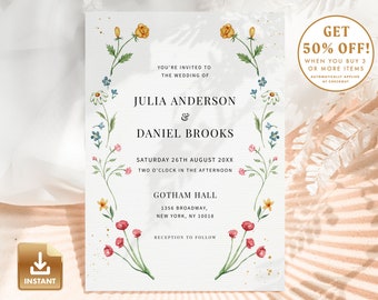 Wildflower Wedding Invitation, Romantic Floral Invite Template, Do It Yourself Card, Instant Download, Editable & Printable - IONA