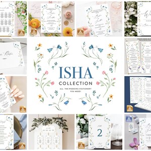 Könnte beinhalten: Eine Sammlung von Hochzeitspapieren mit einem floralen Design mit Glockenblumen, Gänseblümchen und anderen Wildblumen. Die Papeterie umfasst Einladungen, RSVP-Karten, Menüs, Tischnummern und mehr. Der Text "ISHA COLLECTION" wird in einem blauen Kasten angezeigt.