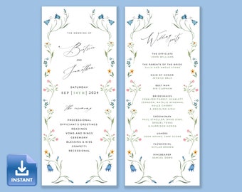 May include: Wedding ceremony programme with a floral border. The wedding is for Beatrice and Jonathan on September 14th, 2024. The programme lists the processional, officiant's greetings, readings, vows and rings, ceremony, blessing and kiss, confetti, and recessional. The wedding party is listed on the right side of the programme.