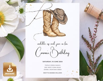 Western Birthday Party Invitation Editable Template, INSTANT Download, Printable Rodeo Birthday Party, Cowboy Birthday Party Invitation Card