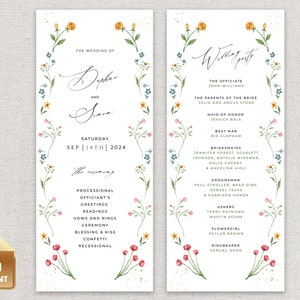 May include: Wedding ceremony program with floral border and details. The program includes the names of the wedding party, the officiant, and the order of events. The date of the wedding is September 14th, 2024.