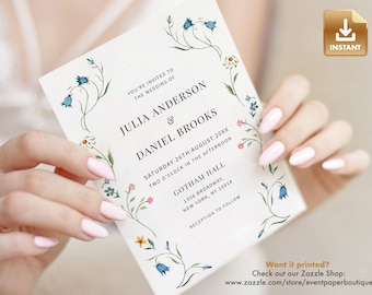 Wildflower Wedding Invitation Template: Romantic Floral Design (Digital Download)