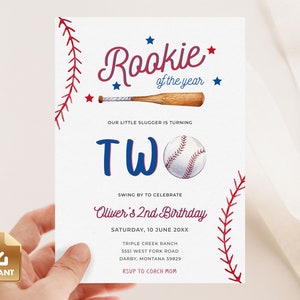Baseball Birthday Invitation, Rookie of the Year Invite, 2nd Birthday Invitation Template, Baseball Birthday Party, Boy Birthday Invite