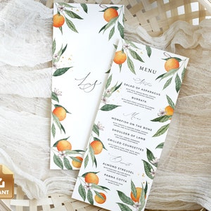 CLEMMIE - Orange Menu Card Template, Clementine Wedding Menu Card, Bridal Shower Menu, Dinner Party Menu Template, Do It Yourself Menu Card