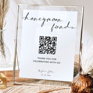 Honeymoon Fund Sign, Venmo Honeymoon Wish, Wedding QR Code Sign Printable, Minimalist, Editable Template, Instant Download, Corjl