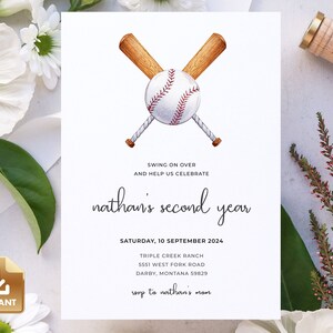 Baseball Birthday Invitation, Rookie of the Year Invite, Second Birthday Invitation Template, Baseball 2nd Birthday, Boy Birthday Invite