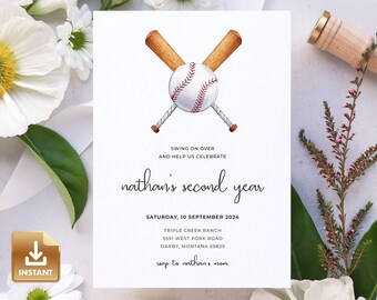 Baseball Birthday Invitation, Rookie of the Year Invite, Second Birthday Invitation Template, Baseball 2nd Birthday, Boy Birthday Invite