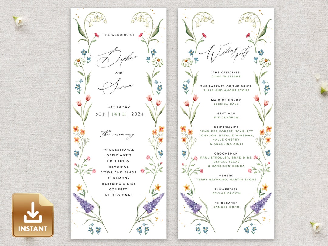 IRIS - Wildflower Wedding Program, Boho Wedding Program Template ...