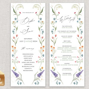 May include: A wedding program with a floral design featuring a watercolor illustration of flowers in shades of pink, blue, yellow, and green. The program includes the names of the bride and groom, Daphne and Sam, the wedding date, September 14th, 2024, and the names of the wedding party.