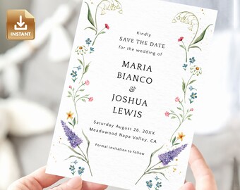 Wildflower Save The Date Card, Summer Wedding Invitation Template, Instant Download, Editable & Printable - IRIS