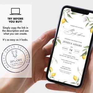 May include: A digital invitation for a baby shower with a lemon theme. The invitation features a watercolor illustration of lemons, leaves, and flowers. The text on the invitation reads "Please join us for a Baby Shower honoring the mommy-to-be Jessica Adams, Saturday, September 14, 2024 at 3 PM at The Adams Home, 1221 6th Ave, New York, NY 10012. Kindly reply to Olivia by August 1st. 1000-000-0000, email@email.com. Design is registered at Target and Amazon."