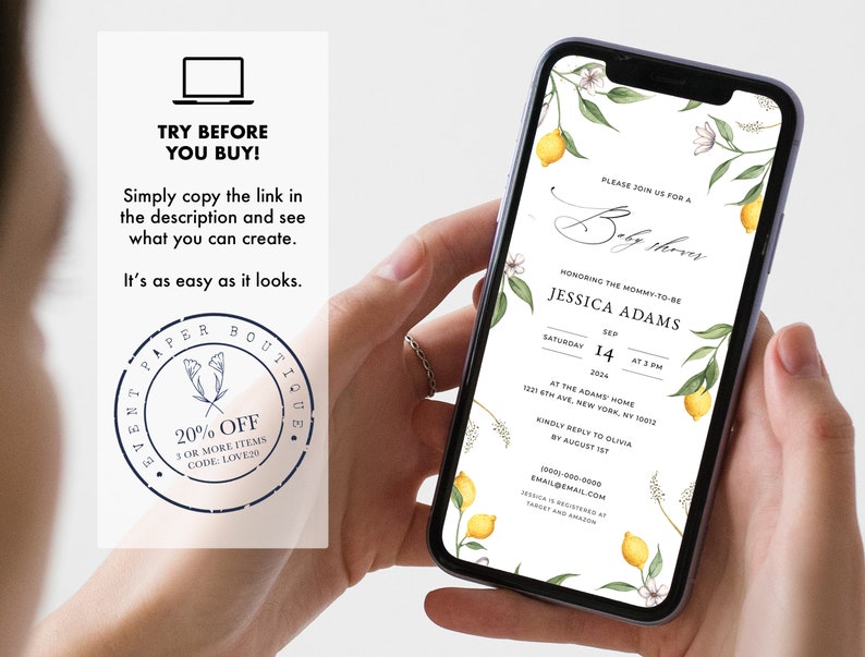 May include: A digital invitation for a baby shower with a lemon theme. The invitation features a watercolor illustration of lemons, leaves, and flowers. The text on the invitation reads "Please join us for a Baby Shower honoring the mommy-to-be Jessica Adams, Saturday, September 14, 2024 at 3 PM at The Adams Home, 1221 6th Ave, New York, NY 10012. Kindly reply to Olivia by August 1st. 1000-000-0000, email@email.com. Design is registered at Target and Amazon."