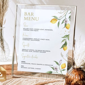 Bar Menu Template, Printable Wedding Sign, Drinks Sign, Summer Wedding, Drink Menu Sign, Watercolor Lemon, Citrus Wedding Bar Menu - CAPRI