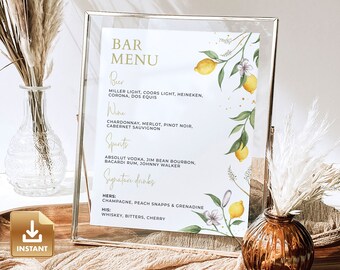Bar Menu Template, Printable Wedding Sign, Drinks Sign, Summer Wedding, Drink Menu Sign, Watercolor Lemon, Citrus Wedding Bar Menu - CAPRI