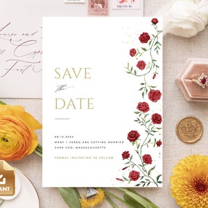 May include: Save the date card with a white background and a floral design featuring red roses and green vines. The text reads "Save the Date" in gold lettering and "08.12.2024 Mary & Jared are getting married Cape Cod, Massachusetts Formal Invitation to Follow".