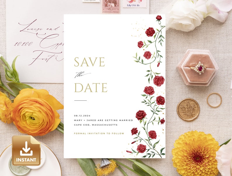 May include: Save the date card with a white background and a floral design featuring red roses and green vines. The text reads "Save the Date" in gold lettering and "08.12.2024 Mary & Jared are getting married Cape Cod, Massachusetts Formal Invitation to Follow".