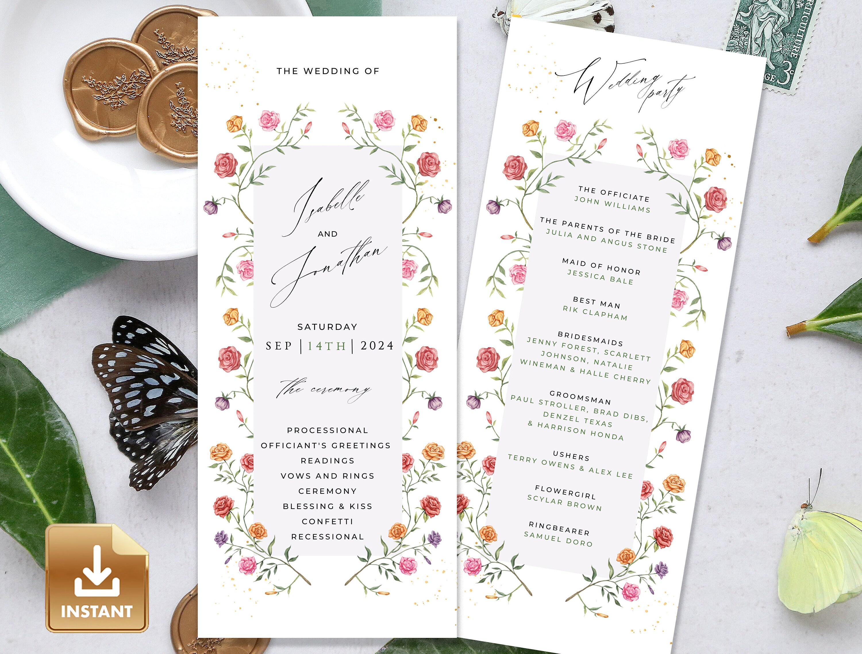 ROSA Rose Wedding Program Template, Romantic Ceremony Program ...