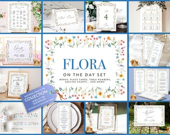 May include: A set of printable wedding stationery with a floral theme. The design features a watercolor illustration of a wreath of colorful flowers and greenery. The text "FLORA ON THE DAY SET" is written in a script font. The set includes menus, place cards, table numbers, seating charts, and more.
