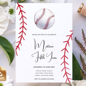 Baseball Birthday Invitation, Fifth Birthday Invitation Template, Baseball 5th Birthday Party, Boy Birthday Invitation, Instant Download