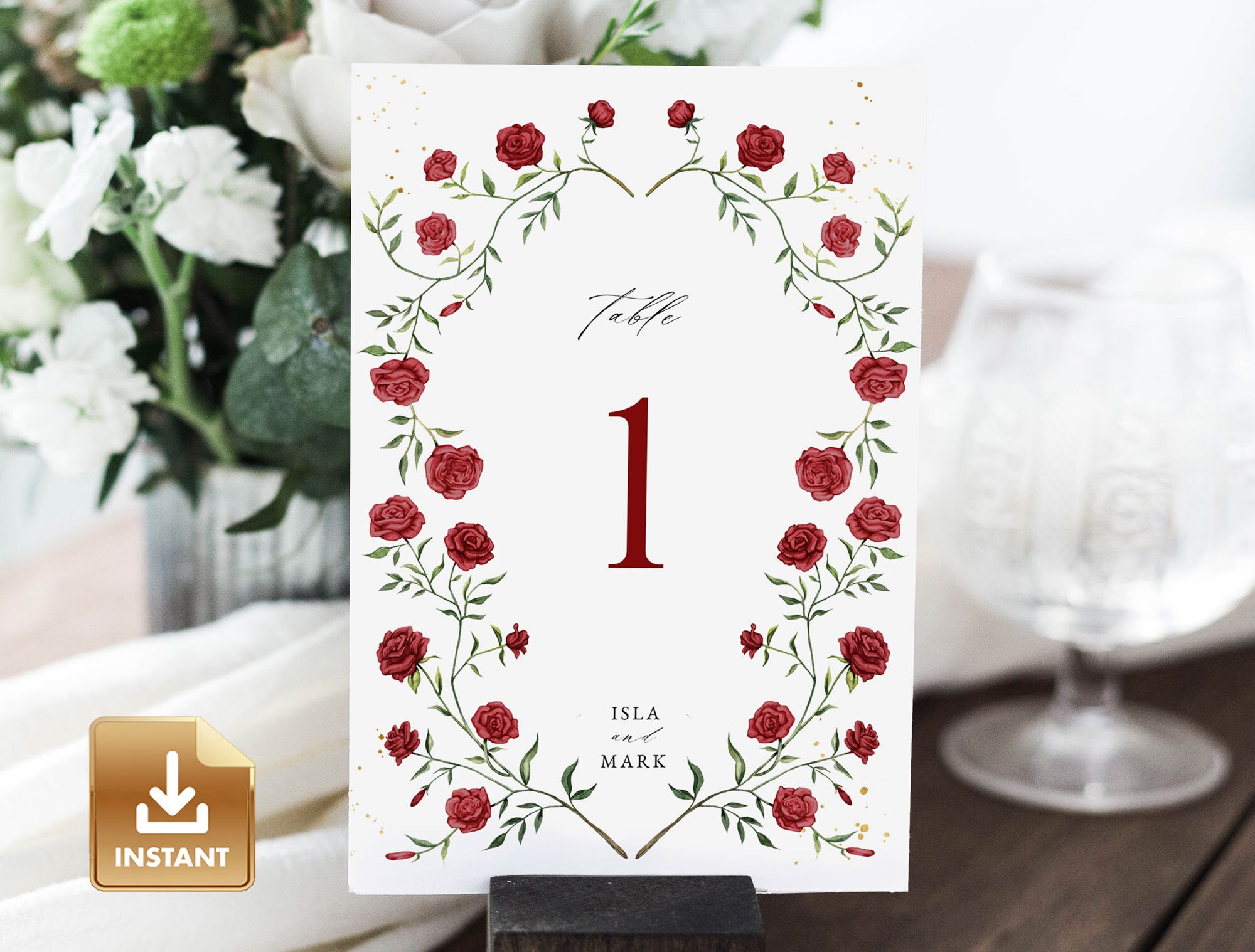 Table Number Red Red Rose Table Number Card Template, Roses Table Number Sign, 5x7 ...