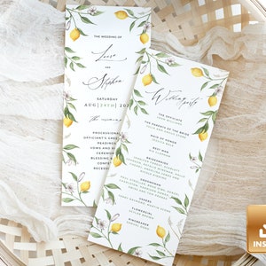 Peut inclure: Programme de cérémonie de mariage sur le thème du citron. Le programme comprend les salutations de l'officiant, les lectures, les vœux et les noms des membres de la fête de mariage.