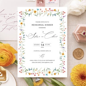 FLORA - Wildflower Wedding Rehearsal Dinner Invitation, Summer Wedding Rehearsal Invitation, Instant Download, Colorful Rehearsal Invitation