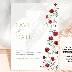 May include: Save the Date card with a floral design featuring red roses and green vines. The text on the card reads "Save the Date", "08.12.2024", "Mary + Jared are getting married", "Cape Cod, Massachusetts", and "Formal Invitation to Follow".