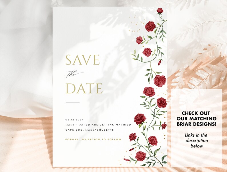 May include: Save the Date card with a floral design featuring red roses and green vines. The text on the card reads "Save the Date", "08.12.2024", "Mary + Jared are getting married", "Cape Cod, Massachusetts", and "Formal Invitation to Follow".