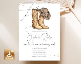 First Rodeo Birthday Invitation Template, Our Little Cowboy is One, Wild West First Birthday Editable Invitation, Western Birthday Invite