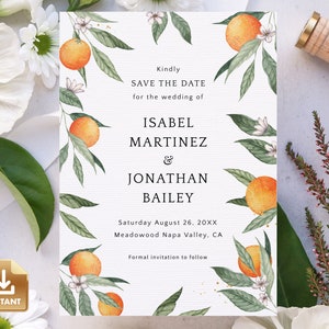 Orange Save The Date Card, Summer Wedding Invite Template, Citrus Invitation, Do It Yourself Printable - CLEMMIE