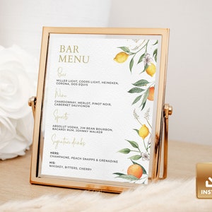 Bar Menu Template, Printable Wedding Sign, Drinks Sign, Summer Wedding, Drink Menu Sign, Watercolor Lemon, Citrus Wedding Bar Menu - CITRUS