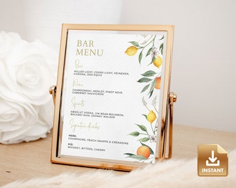 Watercolor Lemon Bar Menu Template: Citrus Wedding Sign (Digital Download)