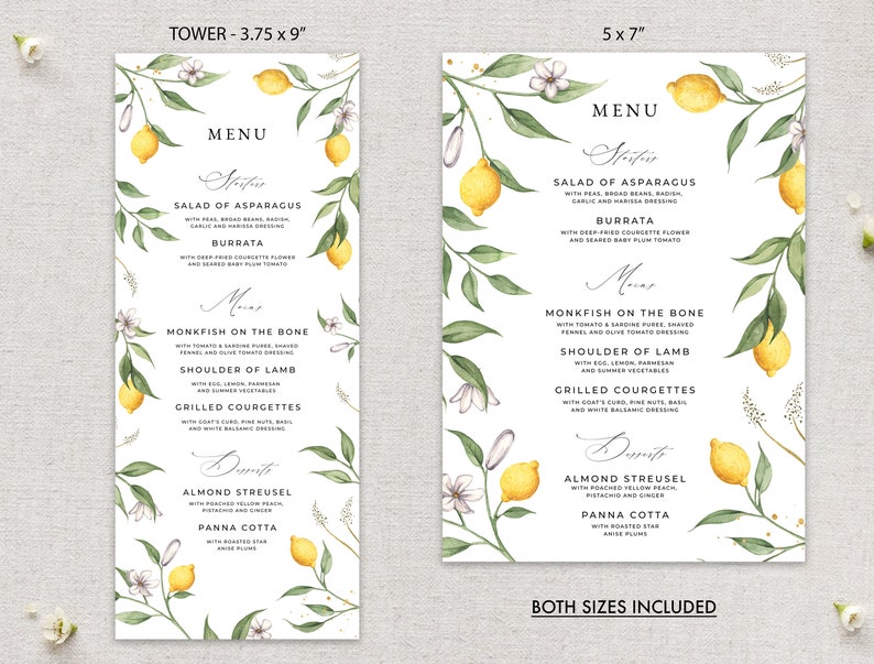 May include: A printable wedding menu template with a lemon and floral design. The menu includes appetizers, main courses, and desserts. The text on the menu reads "Salad of Asparagus", "Burrata", "Monkfish on the Bone", "Shoulder of Lamb", "Grilled Courgettes", "Almond Streusel", and "Panna Cotta".