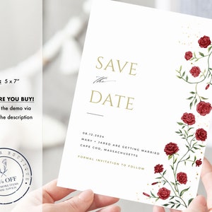 May include: Save the Date card with a white background and gold text. The card features a floral design with red roses and green leaves on the right side. The text reads "Save the Date" with a handwritten flourish under "Save". The date "08.12.2024" is printed below the text, followed by the names "Mary + Jared" and the location "Cape Cod, Massachusetts". The text "Formal Invitation to Follow" is printed at the bottom of the card.