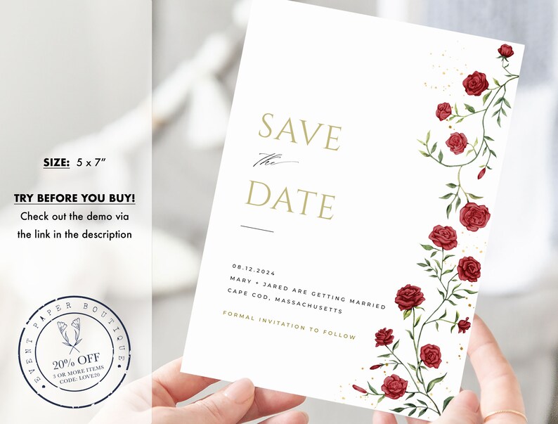 May include: Save the Date card with a white background and gold text. The card features a floral design with red roses and green leaves on the right side. The text reads "Save the Date" with a handwritten flourish under "Save". The date "08.12.2024" is printed below the text, followed by the names "Mary + Jared" and the location "Cape Cod, Massachusetts". The text "Formal Invitation to Follow" is printed at the bottom of the card.