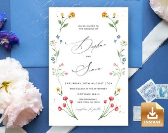 IONA - Wildflower Wedding Invitation Template, Hand-Painted Elegant Garden Flowers Watercolor, INSTANT Download, Spring Wedding Invitation
