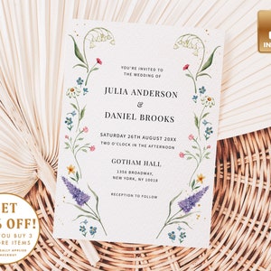 Wildflower Summer Wedding Invitation Template, Romantic Floral Invite,  Instant Download, Editable & Printable, Do It Yourself Card - IRIS