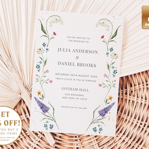 Wildflower Summer Wedding Invitation Template, Romantic Floral Invite,  Instant Download, Editable & Printable, Do It Yourself Card - IRIS