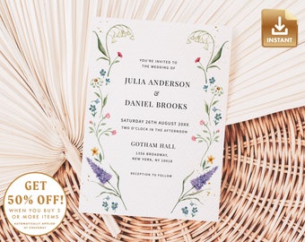 Wildflower Wedding Invitation Template: Romantic Floral Design (Digital Download)