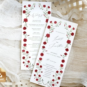 Red Rose Wedding Program Template, Romantic Ceremony Program, Printable Wedding Day Itinerary, Order of Service, Instant Download - BRIAR