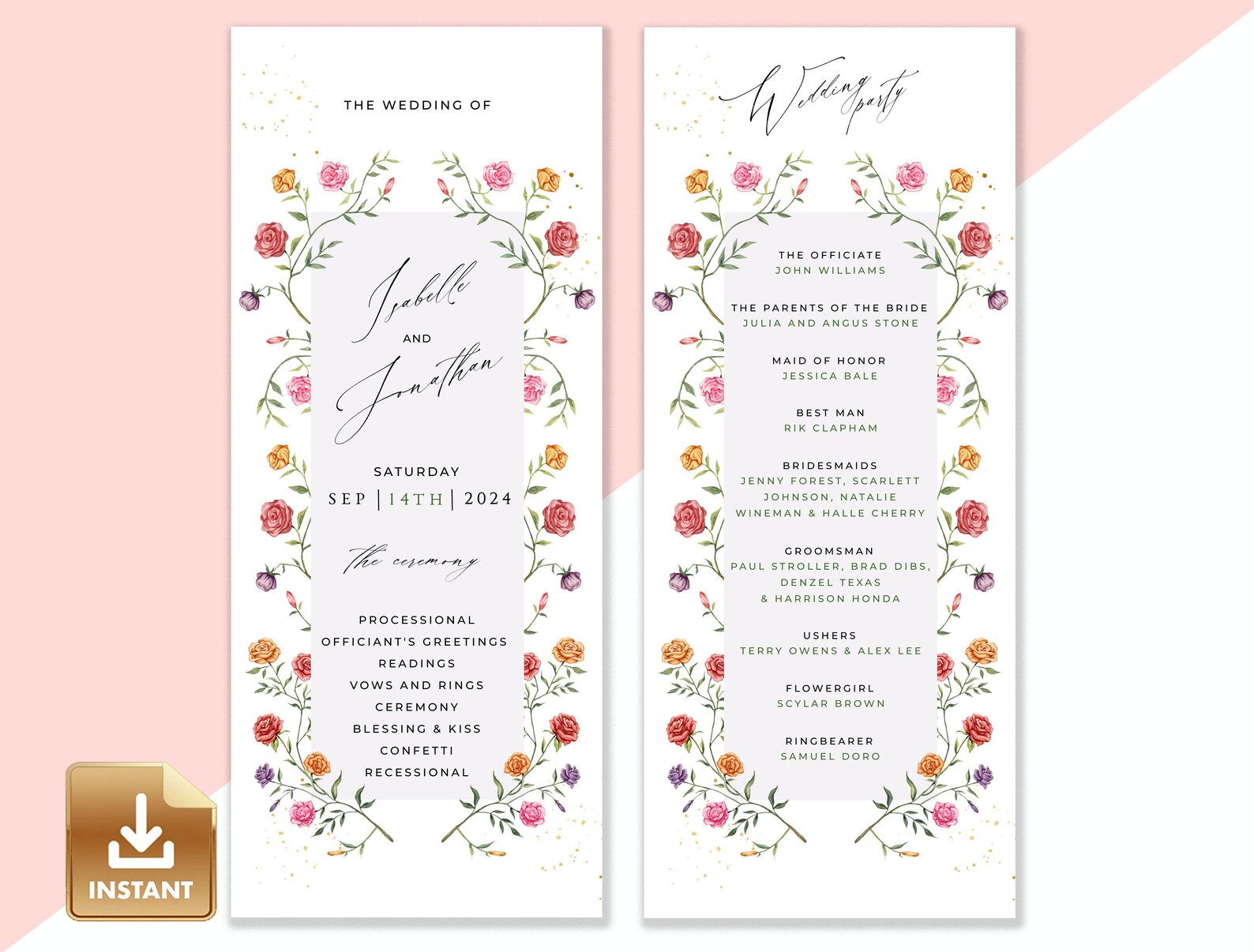 ROSA Rose Wedding Program Template, Romantic Ceremony Program ...