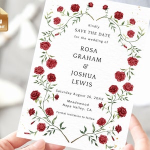 Red Rose Save The Date Invitation, Romantic Wedding Invite, Instant Download, Editable & Printable Template - BRIAR