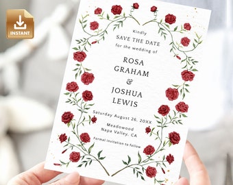 Red Rose Save The Date Invitation, Romantic Wedding Invite, Instant Download, Editable & Printable Template - BRIAR