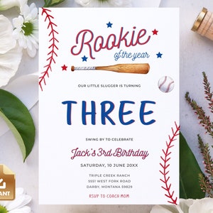 Baseball Birthday Invitation, Rookie of the Year Invite, 3rd Birthday Invitation Template, Baseball Birthday Party, Boy Birthday Party