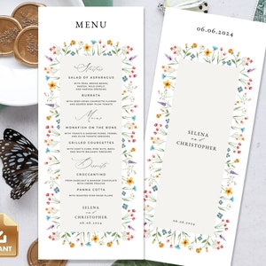 Wildflower Menu Template, Floral Wedding Menu Card, INSTANT Download, Summer Menu Template, Wildflower Bridal Shower Menu, Do It Yourself