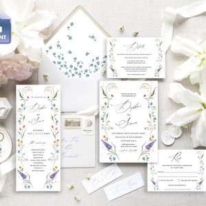 IRIS - Wildflower Wedding Invitation Template, Hand-Painted Wildflower Watercolor, rsvp wedding card, INSTANT Download, Editable & Printable