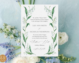 Lily of the Valley Wedding Invitation Template: Green Floral Watercolor (Instant Download)