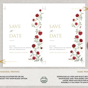 May include: Save the Date card with a floral design featuring red roses and green vines. The text "Save the Date" is in gold lettering. The card is printed on white paper.
